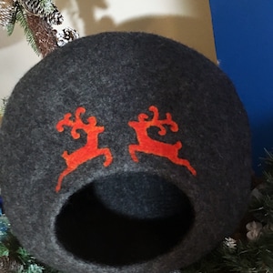 Handmade Christmas Wool felted Reindeer cat cave, small dog, pet bedding ,pet hideout