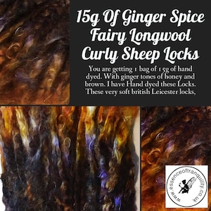 May include: Close-up of hand-dyed curly sheep locks in shades of ginger, honey, and brown. The text reads "15g Of Ginger Spice Fairy Longwool Curly Sheep Locks". The product is described as very soft British Leicester locks.