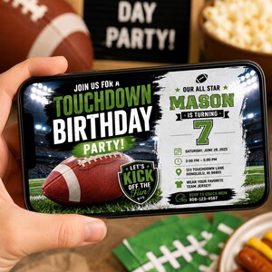 Invito di compleanno a tema calcio, modello Canva modificabile, invito di compleanno a tema touchdown, invito di compleanno sportivo, formato digitale 7x5