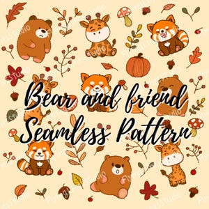 Patrón sin costuras de oso, panda rojo y jirafa, tela infantil, clipart digital