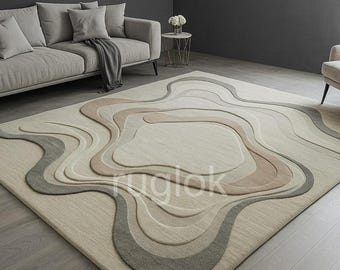 Tappeto astratto ondulato, beige e crema, arredamento moderno per la casa
