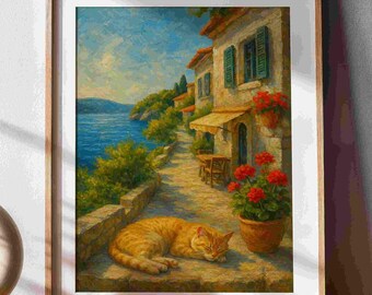 Mediterranean Cat Print: Coastal Cottage Wall Art (Digital Download)