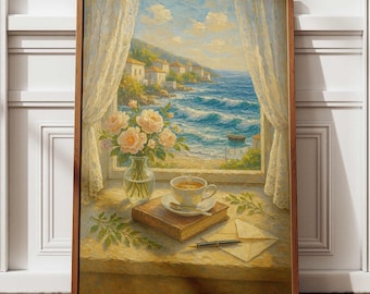Coastal Window Coffee Art – Vintage Seaside Painting Digital Download | Printable Wall Art