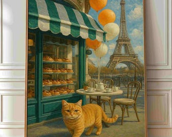 Paris Cat Cafe Art Print: Eiffel Tower, Vintage Bakery Scene (Digital Download)