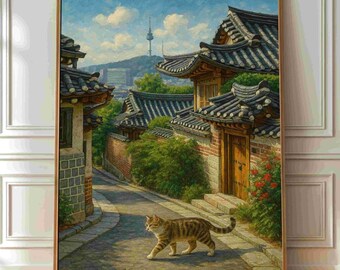 Bukchon Hanok Village Cat Art: Seoul Korean House Printable (Digital Download)