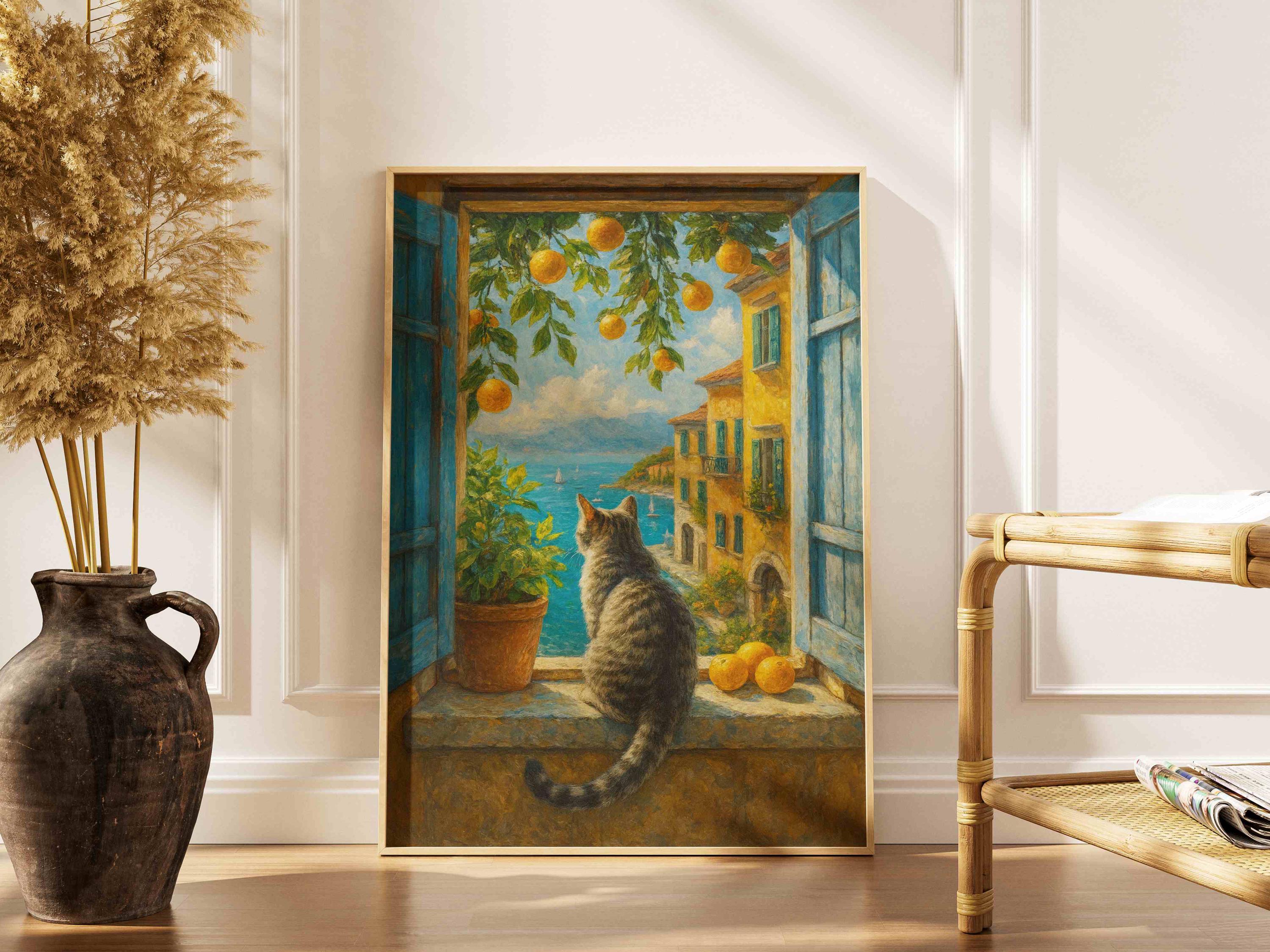 海辺の猫窓をプリントしたアート – 居心地の良いインテリアのための