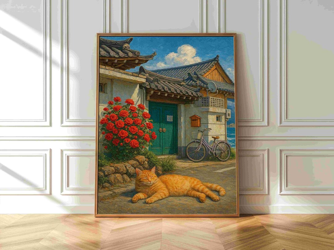 Korean Hanok Cat Wall Art : Red Roses Bicycle Coastal(digital Download ...