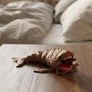 May include: A brown, articulated toy fish with a segmented body and a wide-open mouth revealing a bright red interior and white teeth. The figure features a textured, ridged surface and is positioned on a flat, dark wood-toned surface.
