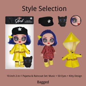 May include: A 10-inch fashion doll set featuring a doll with blue hair, large 5D eyes, and freckles. The set includes a yellow raincoat, a red patterned pajama outfit, a black cap with a star, a black cat figure, and a doll face close-up.