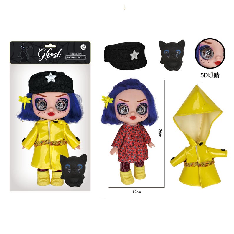 May include: A fashion doll with blue hair, large 5D eyes, and freckles. It includes a yellow raincoat, a black cap with a star, a black cat figure, and a red patterned dress. The doll measures 26 cm in height and 12 cm in width as shown.