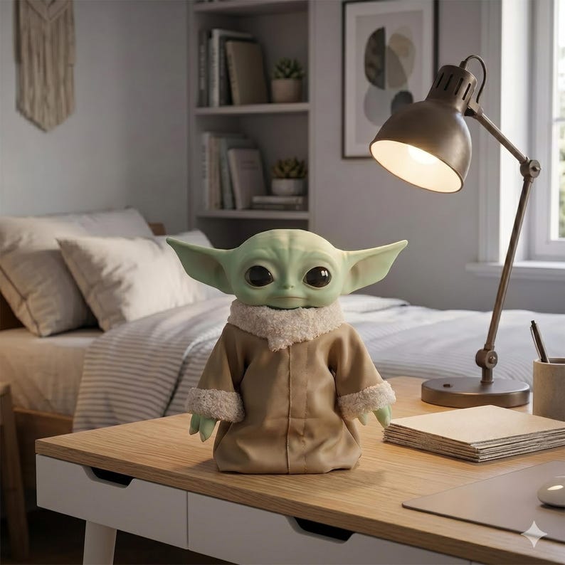 May include: A small, green, fictional creature figurine with large black eyes and pointed ears. It wears a tan-colored robe featuring a white, fuzzy, textured collar and matching cuffs on the sleeves. The figure is positioned upright on a flat surface.