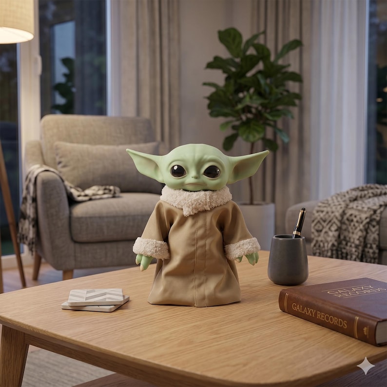 May include: A green creature figurine with large black eyes and pointed ears, wearing a tan robe with white faux-fur trim around the collar and sleeves. The figure stands on a wooden table next to a gray pen holder and a brown book titled Galaxy Records.