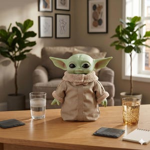 May include: A green creature figurine with large black eyes and pointed ears, wearing a tan coat with a beige sherpa-style collar and cuffs. The figure stands on a wooden surface between a clear glass of water and a textured amber glass tumbler.