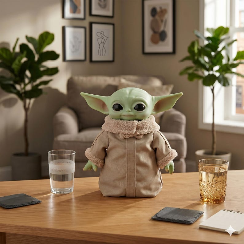 May include: A green creature figurine with large black eyes and pointed ears, wearing a tan coat with a beige sherpa-style collar and cuffs. The figure stands on a wooden surface between a clear glass of water and a textured amber glass tumbler.