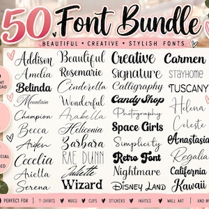 May include: A digital font bundle display sheet featuring 50 distinct black typeface styles on a white background. The text includes the title 50 Font Bundle, Beautiful Creative Stylish Fonts, and various sample names like Addison, Belinda, and Wizard.