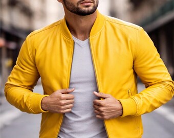 Men's Yellow Real Leather Bomber Jacket – Slim Fit Street Style Coat