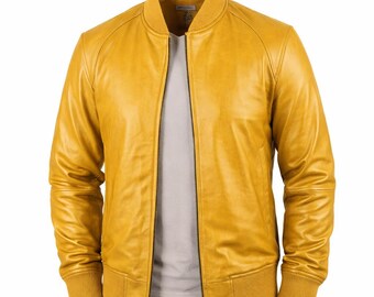 New Yellow Leather Jacket Bomber Genuine Lambskin Men | Gift for Him