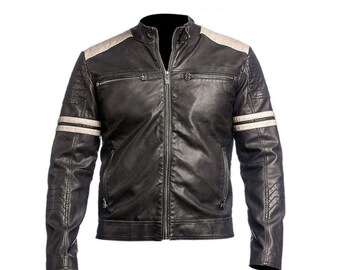 Men's Genuine Lambskin Leather Cafe Racer Jacket, Black Biker Moto Coat