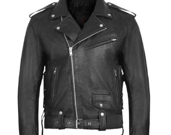 Men's Black Leather Motorcycle Jacket | Classic Police Style Biker Coat Concealed Carry Pocket