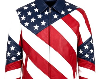 Handmade American Flag Leather Jacket, Mens USA Bomber Jacket, Patriotic Red White And Blue
