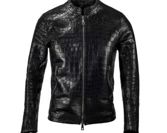 Men's Black Crocodile Embossed Lambskin Leather Jacket – Shawn Handmade Style