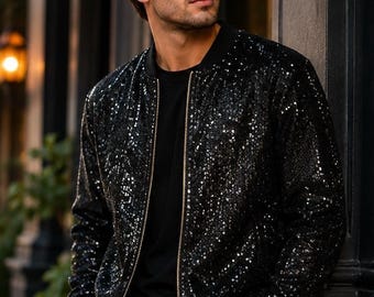 Men's Sequin Leather Bomber Jacket: Handmade Motorcycle Style Black Jacket