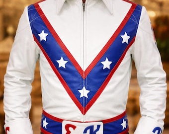 Men's White Leather Biker Jacket, Evel Knievel Star Design, Retro Americana Style