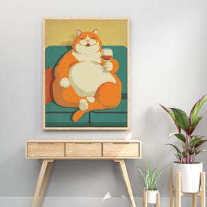 Funny Fat Cat Wall Art | Wine Glass Cat Poster | Humorous Cat Digital Print | Drinking Cat Illustration for Kitchen or Bar Decor
