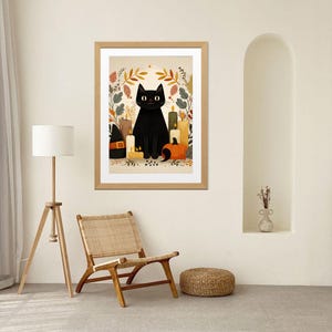 Autumn Black Cat Digital Print – Cozy Halloween Cat Poster – Fall Witch Decor Wall Art
