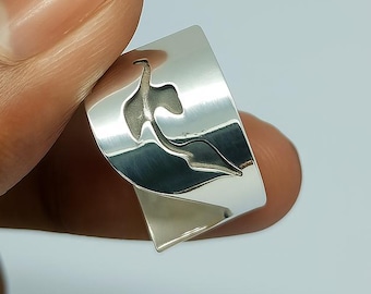 Anillo ancho de hoja de plata de ley: banda botánica hecha a mano