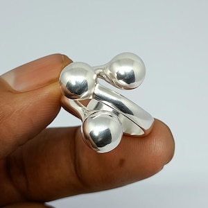Sterling Silver 3 Ball Ring: Adjustable Open Band, Geometric Design
