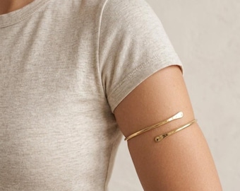 Polished Gold Arm Cuff for Women, adjustable upper arm band, minimalist design, comfortable open wrap