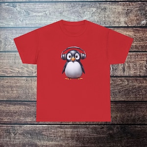 Penguin Music Lover Tee, Unisex Heavy Cotton T-Shirt, Gift for Music Fans, Casual Wear, Penguin Lover Gift, Cute Summer Comfort Tee