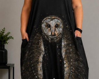 Handbemalter Eulen-Jumpsuit in Übergröße 4XL | Handbemalter Eulen-Jumpsuit 4XL