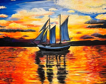 Sailing Ship Oil Painting, Sunset Seascape Art