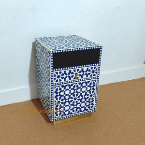 Blue and White Bone Inlay Bedside Table with Brass Base – Handmade Nightstand with Geometric Design & Storage Drawer