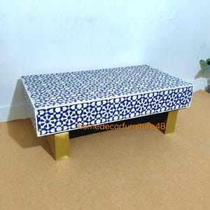 Handmade Bone Inlay Coffee Table – Blue & White Geometric Design with Brass Legs – Decorative Living Room Center Table