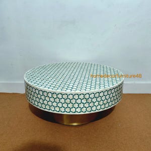 Elegant Handmade Round Bone Inlay Coffee Table with Geometric Pattern – Blue and White Inlay Table with Brass Base for Living Room Decor