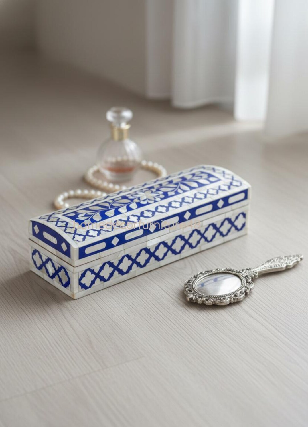 Large Bone Inlay Storage Box Bone Inlay Blue & White Geometric Storage Box With Lid, Decorative ...