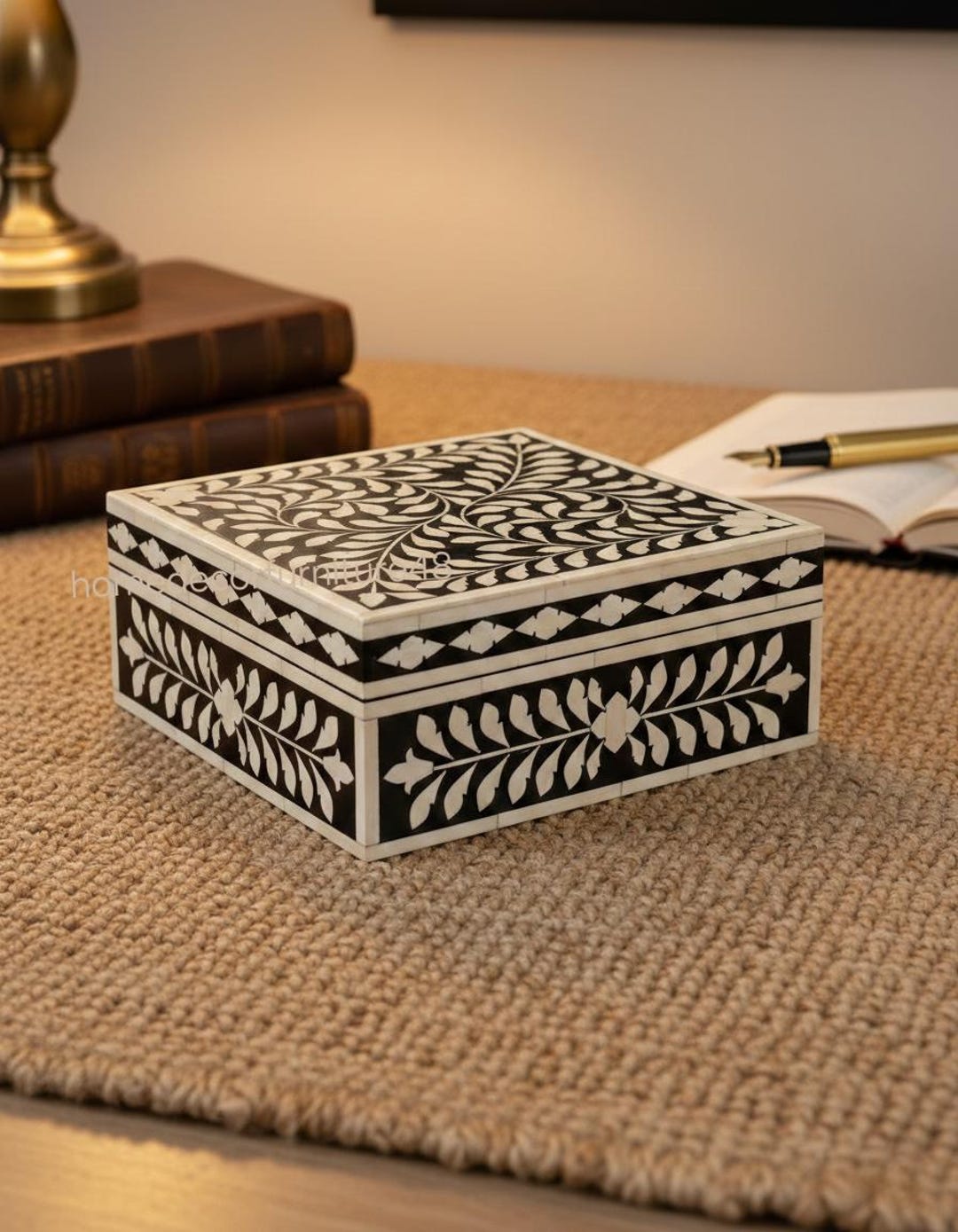 Large Bone Inlay Storage Box Bone Inlay Black White Floral Storage Box Handcrafted Decorative ...