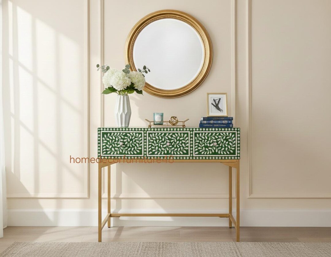 Handcrafted Green & White Bone Inlay Console Table for Entryway or ...