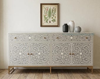 グレーのボーンインレイサイドボードキャビネット、手作りの花柄ビュッフェキャビネット、高級収納コンソール