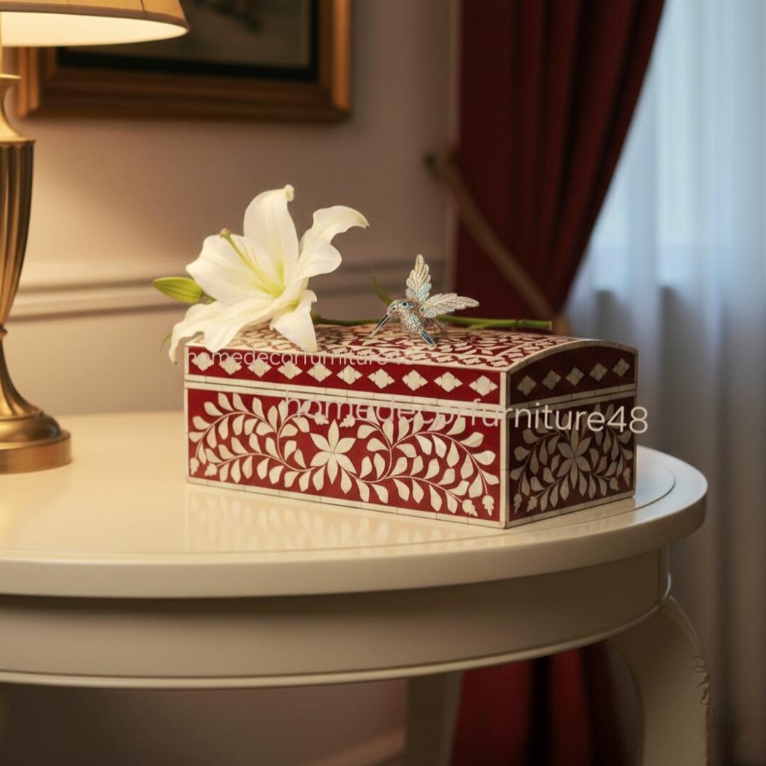 Large Bone Inlay Storage Box Bone Inlay Red Floral Storage Box Handmade Decorative Jewelry Organizer ...