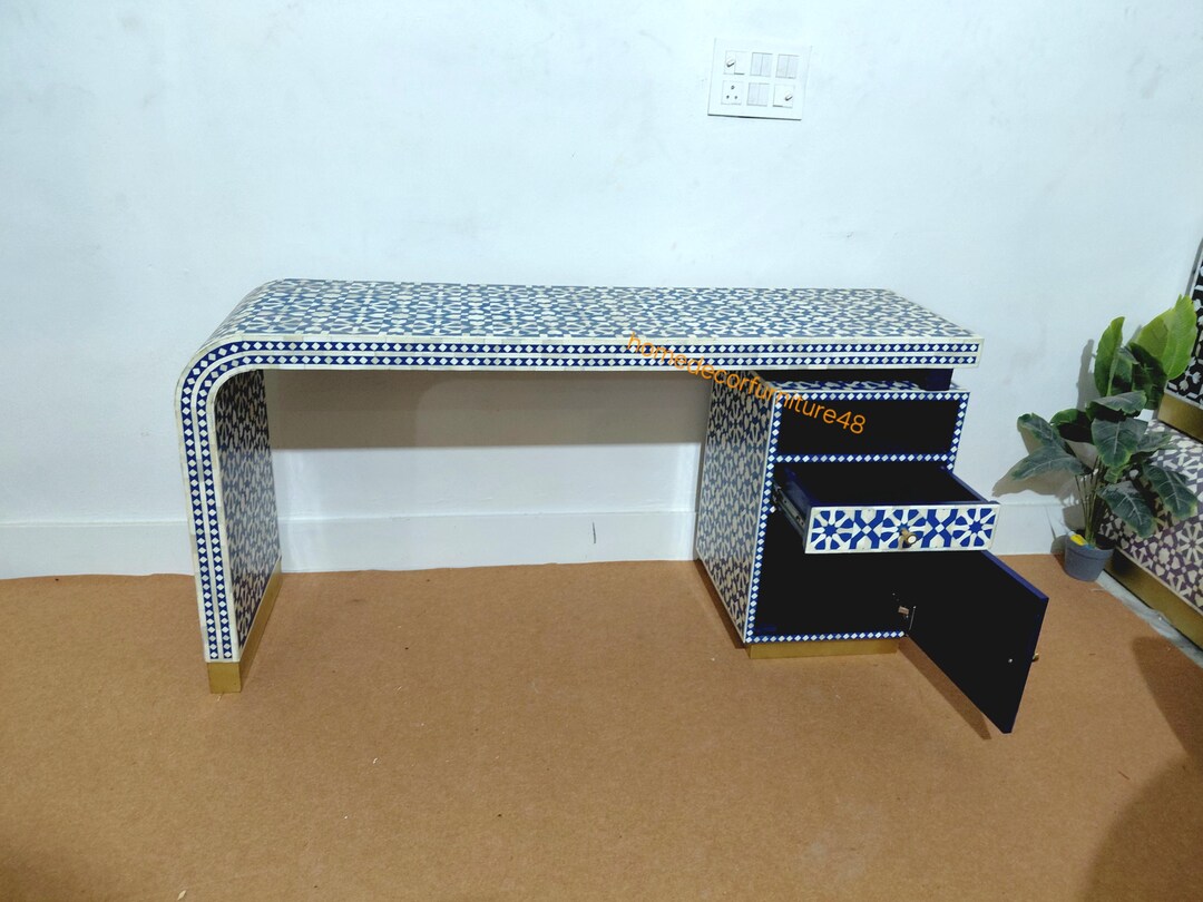 Handmade Bone Inlay Desk: Blue Floral Pattern, Storage Drawer & Cabinet ...