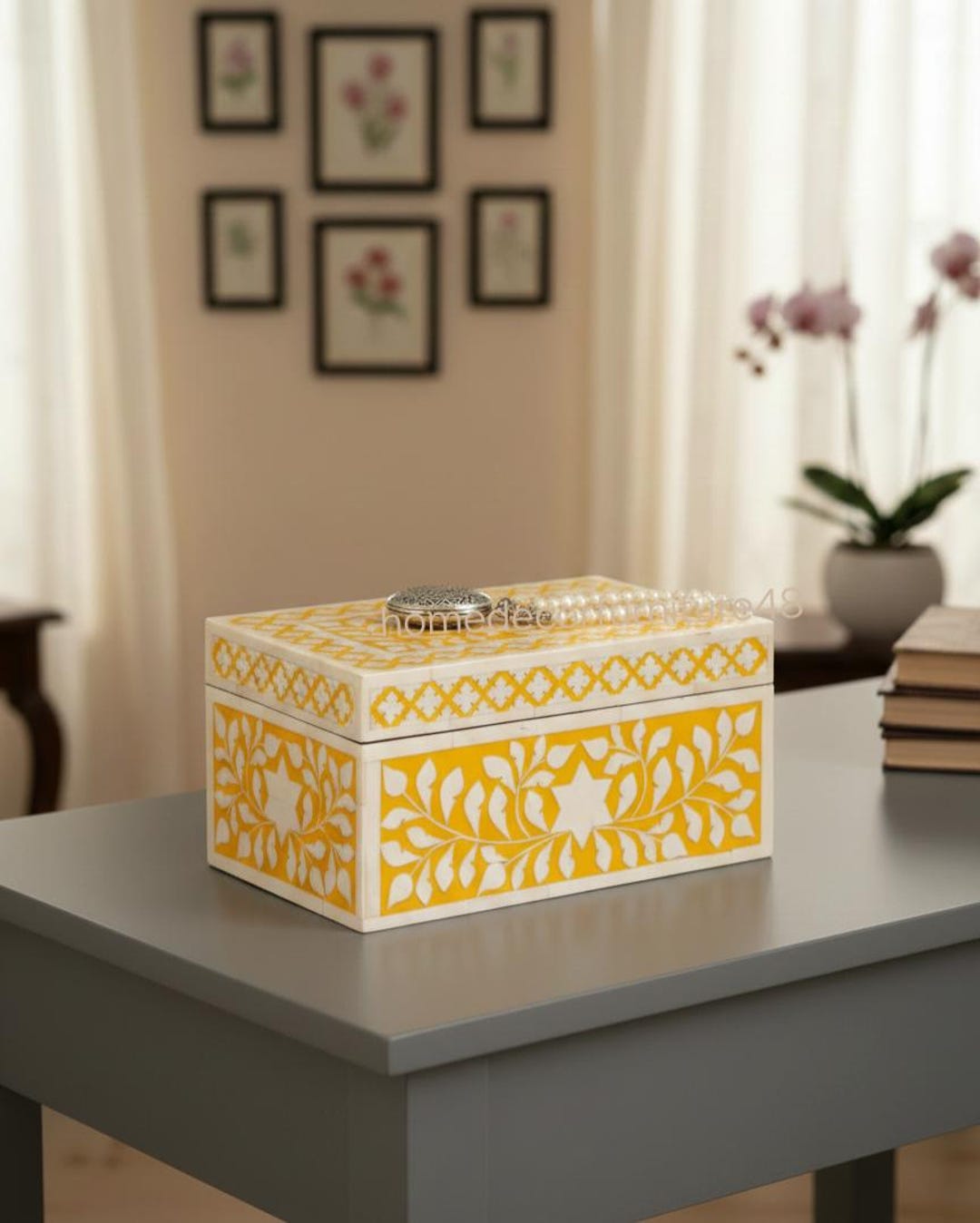 Large Bone Inlay Storage Box Bone Inlay Yellow & White Floral Storage Box With Handcrafted ...