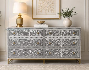 Gray Bone Inlay 6 Drawer Dresser | Handmade Floral Chest of Drawers Storage Cabinet