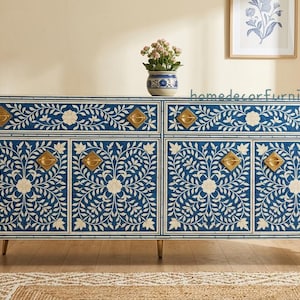 Handcrafted Blue Bone Inlay Sideboard Cabinet with Floral Pattern, Handmade Storage Console