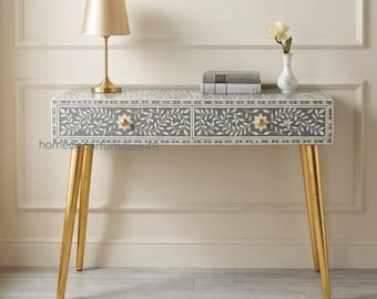 Mesa consola de lujo con incrustaciones de hueso gris y patas doradas, escritorio auxiliar de entrada hecho a mano.