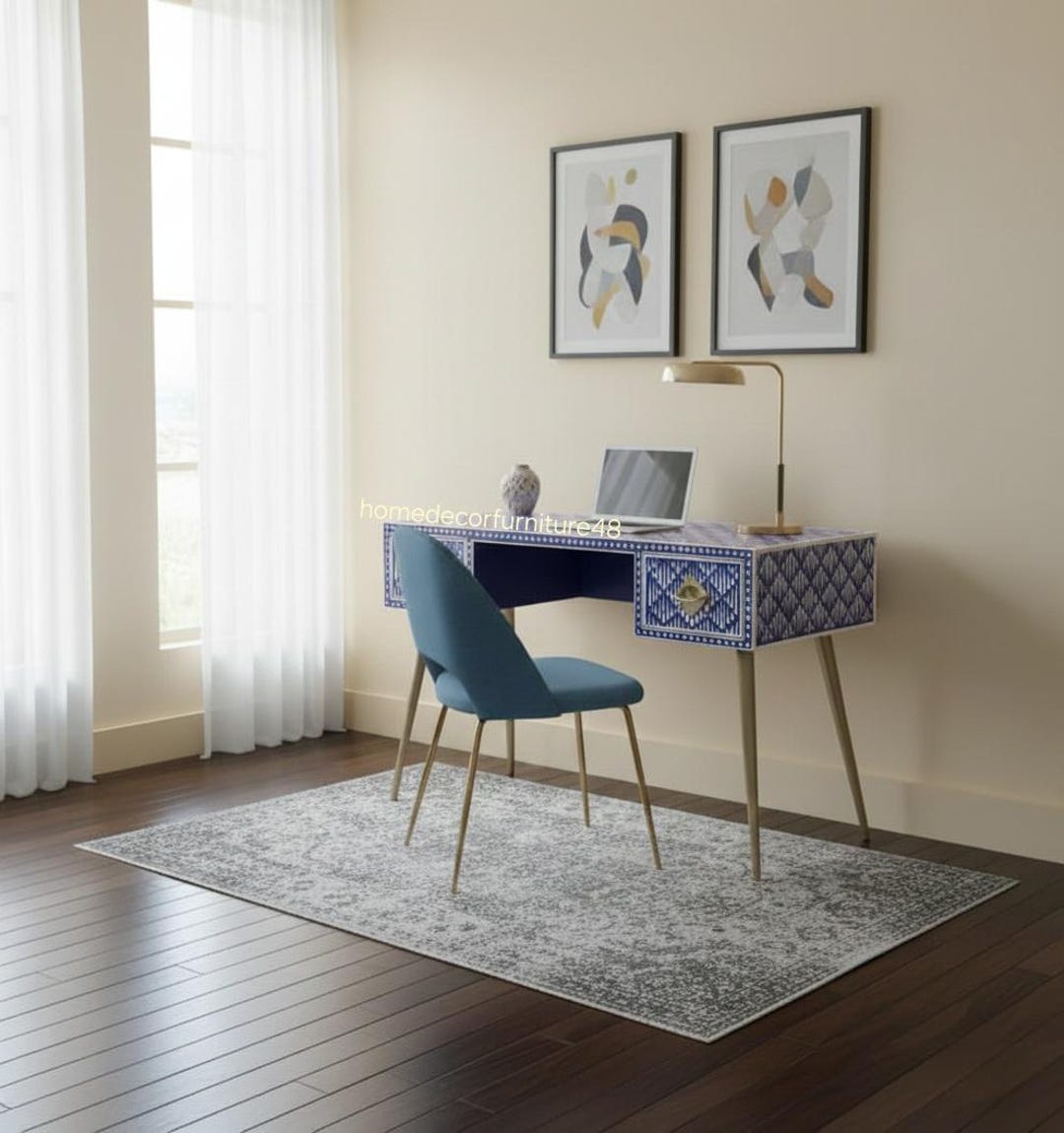 Blue Bone Inlay Writing Desk With Brass Legs, Handmade Luxury Home ...