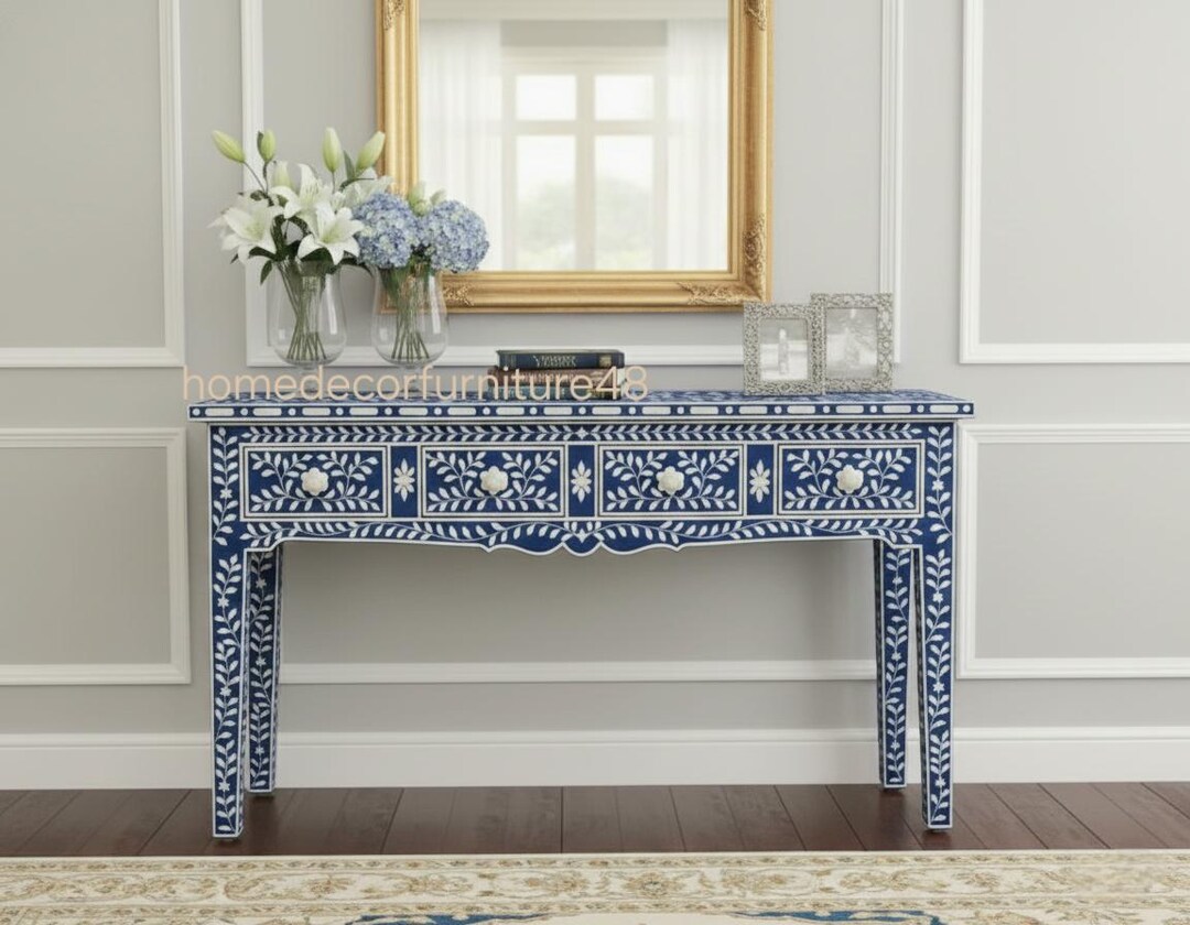 Bone Inlay Blue & White Floral Console Table With Handcrafted Inlay ...